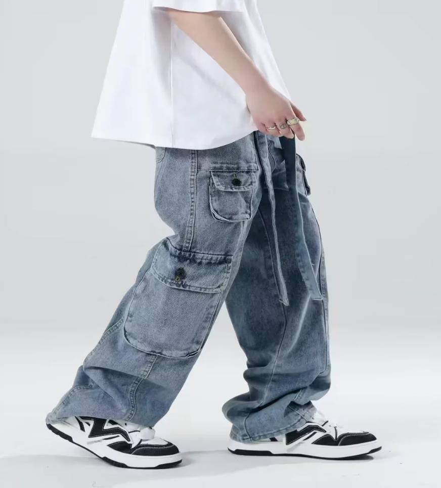 Men Cargo Blue Denim Straight Leg Jeans Multi Pockets Punk Casual Pants Trousers