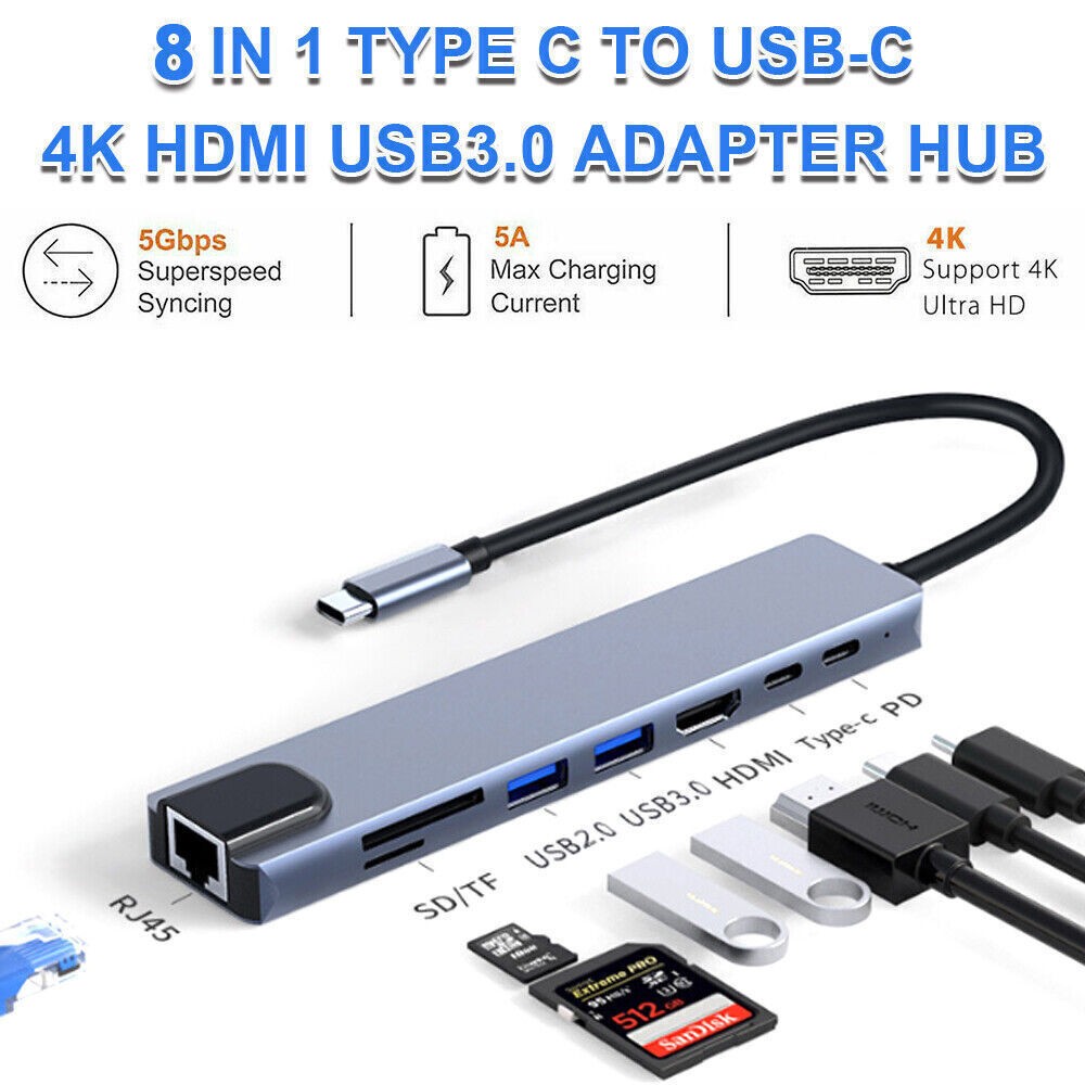 8-in-1 USB-C Hub with 4K HDMI USB 3.0 Aux for MacBook Pro Air