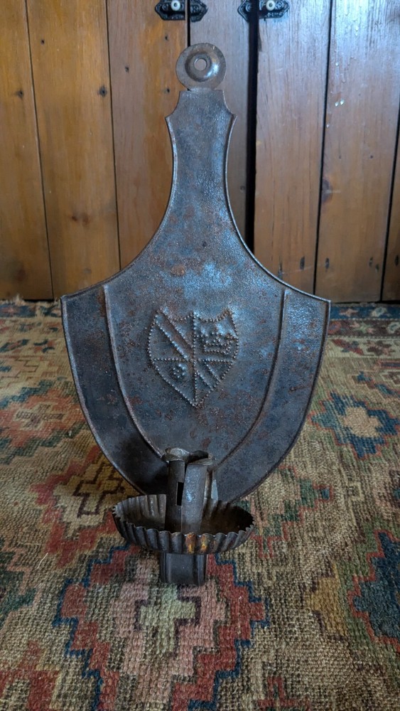 Rare Antique Early Primitive Metal Tin Punched Shield Candleholder Sconce 14.5