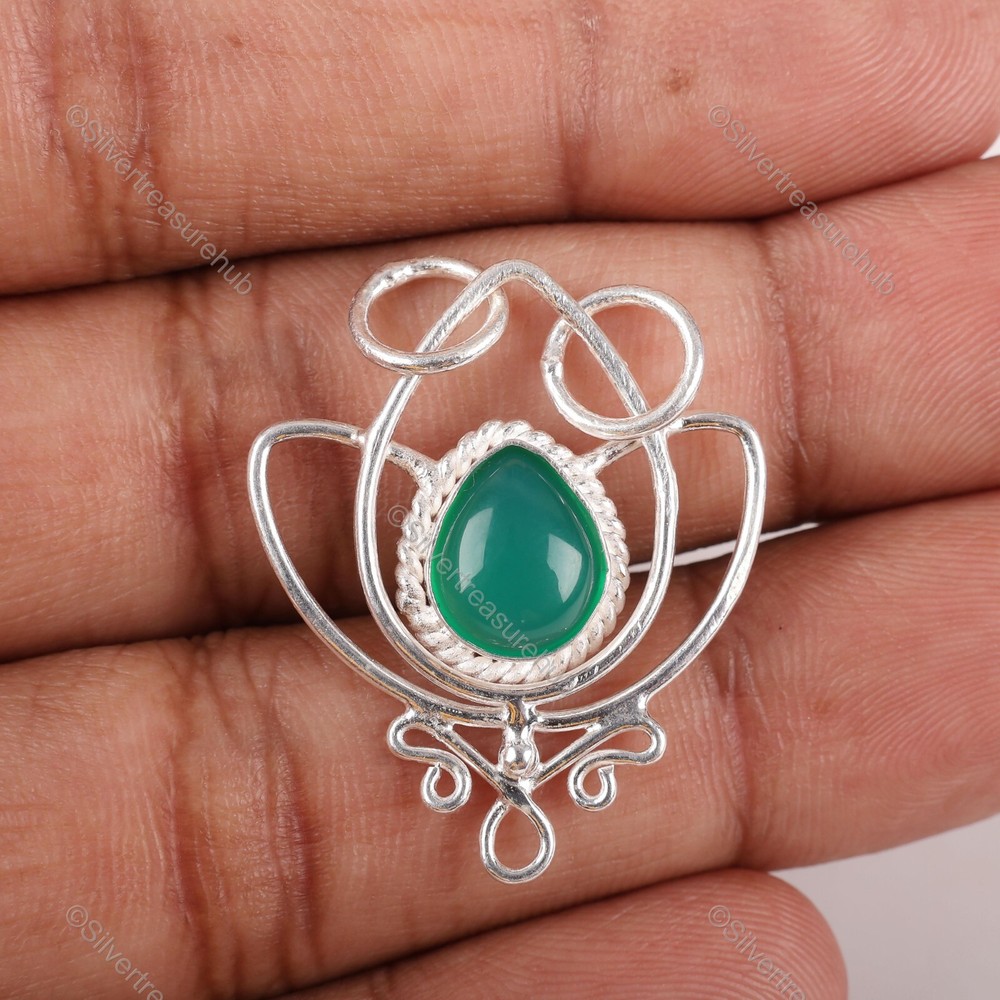 Christmas Sale Sterling Silver Pear Green Onyx Cab Stone New Pendant Jewelry-image