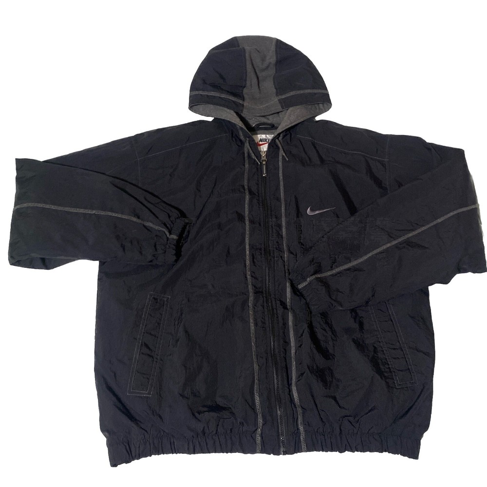 Vintage Nike Jacket Mens XL Black Big Swoosh Logo Quilt Lined Hooded Coat 90s
