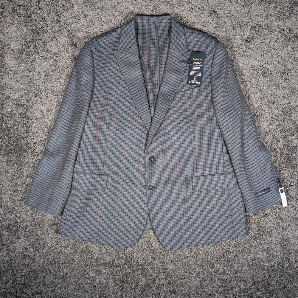 Stafford 100% Wool Sport Coat Men's 52 Reg Gray Gun Club Check Lined Jacket NWT