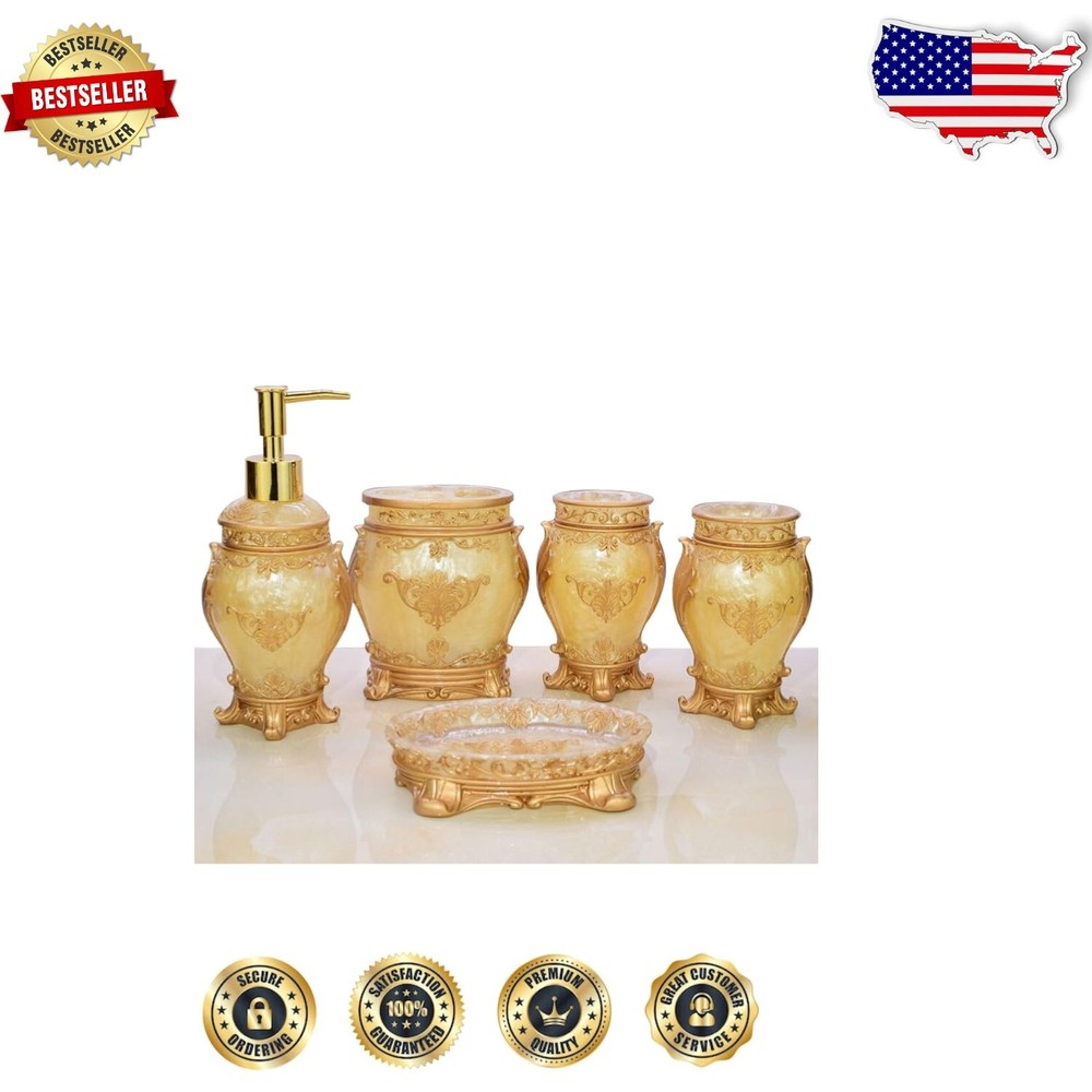 Artisanal 5-Piece Gold Bath Accessories: With Soap Dish & Toothbrush Holder