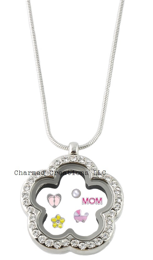 Silver-Tone Floating Charm Locket Necklace with CZ Flower Clover Chain
