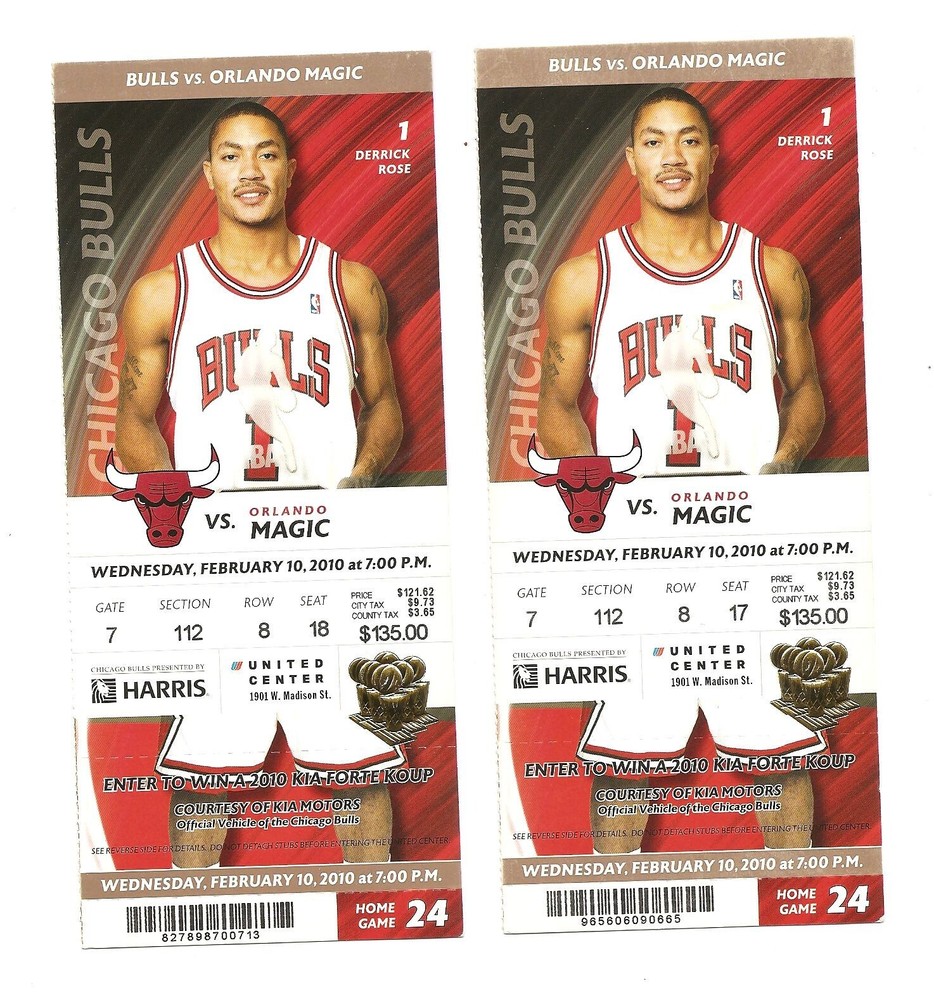 Chicago Bulls vs Orlando Magic Unused Basketball Tickets February 10, 2010