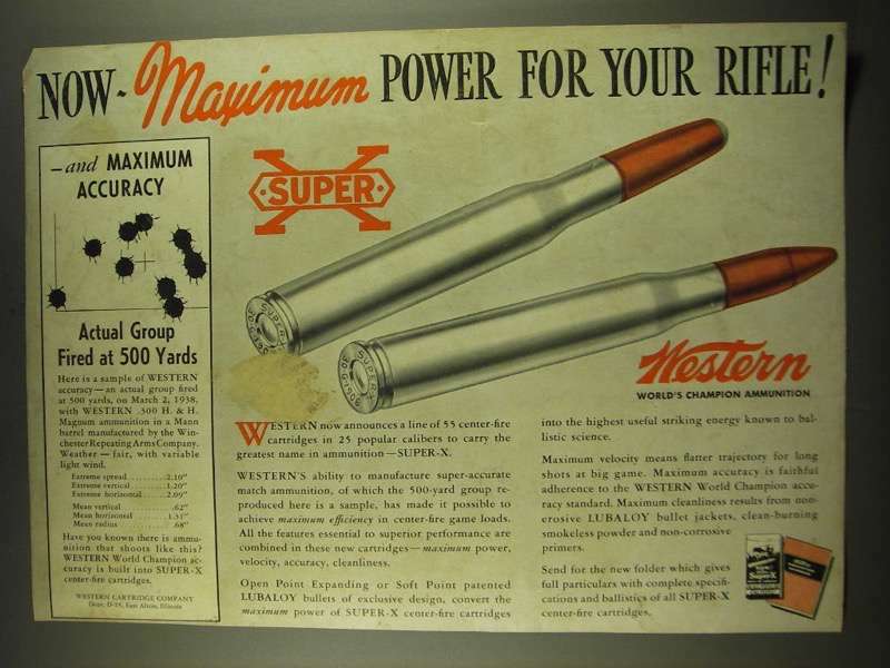 Vintage 1938 Western Super-X Ammo Ad for Winchester Model 70, 71 & 64 Rifles