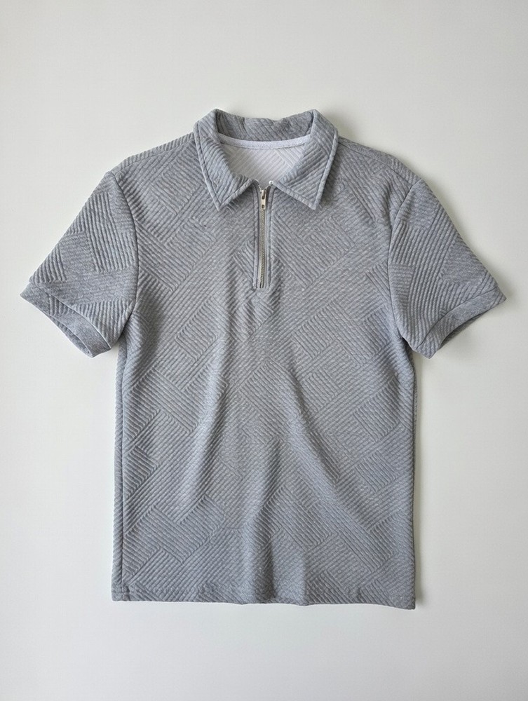 Gray Polo Shirt Men's Short Sleeve Geometric Pattern 1/4 Zip Collar Knit Casual