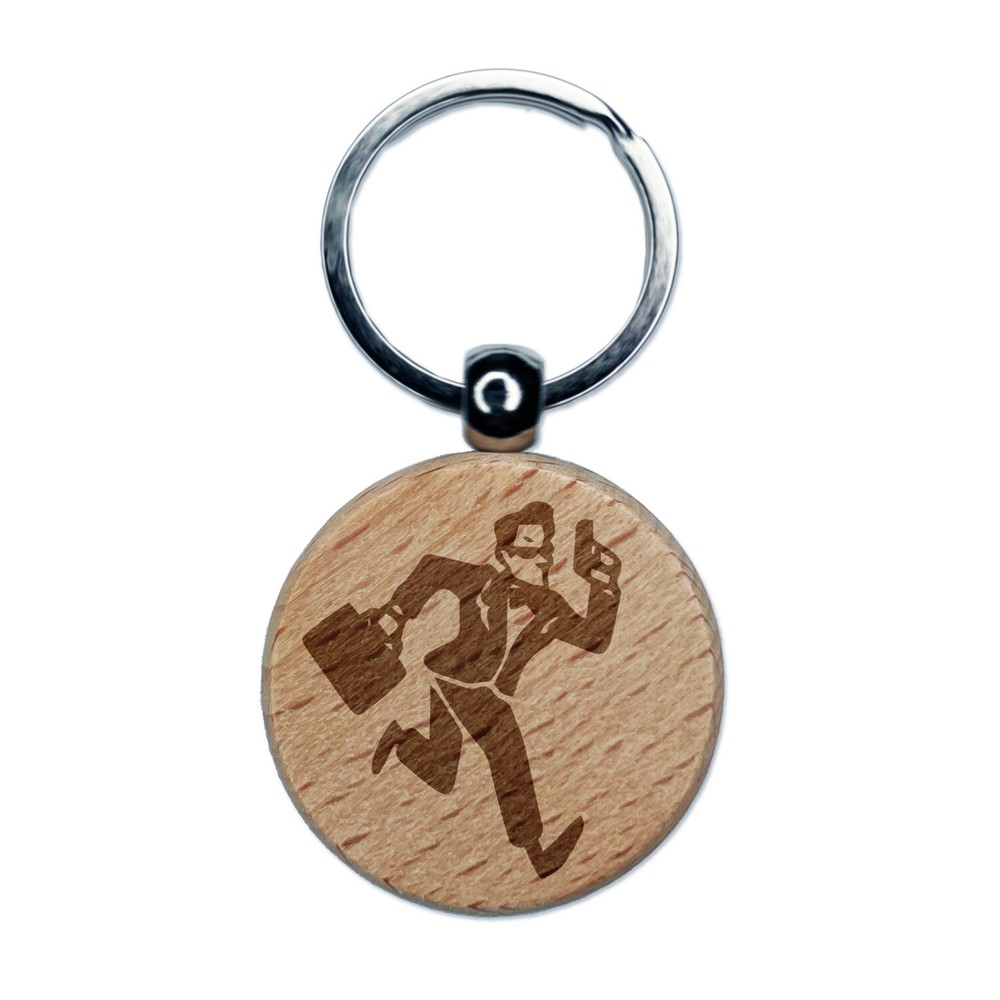 Spy Secret Agent with Briefcase Engraved Wood Round Keychain Tag Charm