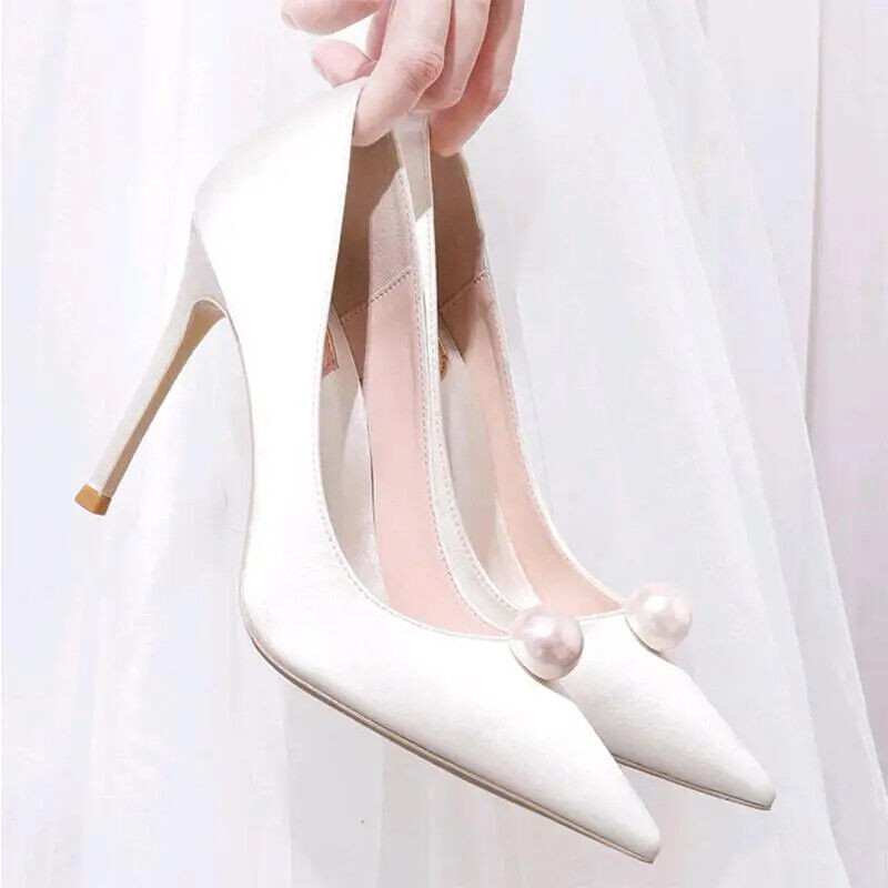 White Pearl Pointed Toe Stiletto Heels for Women Wedding Party Pumps