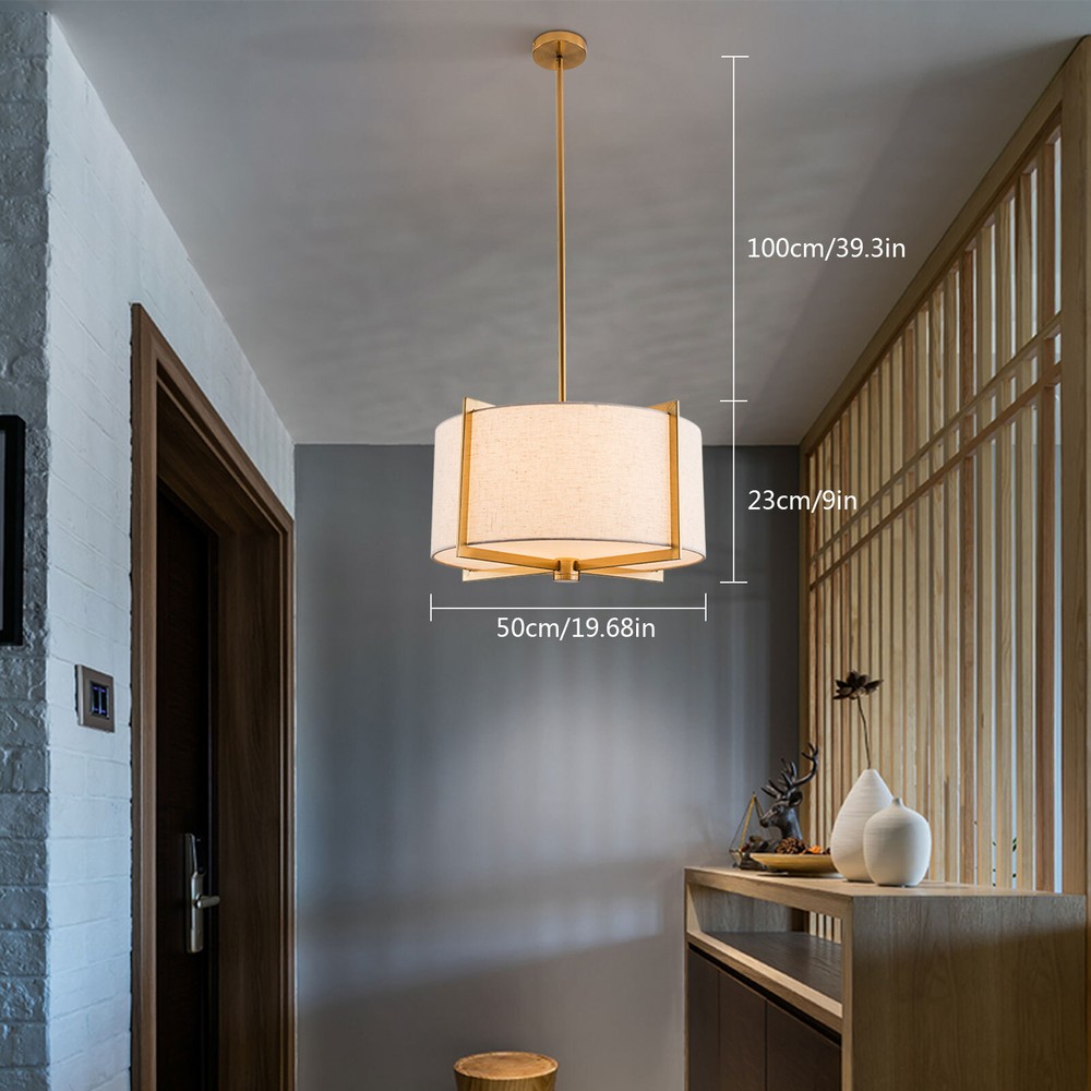 3 Light Gold Fabric Drum Shade Chandelier Pendant Ceiling Lamp Fixture Bedroom