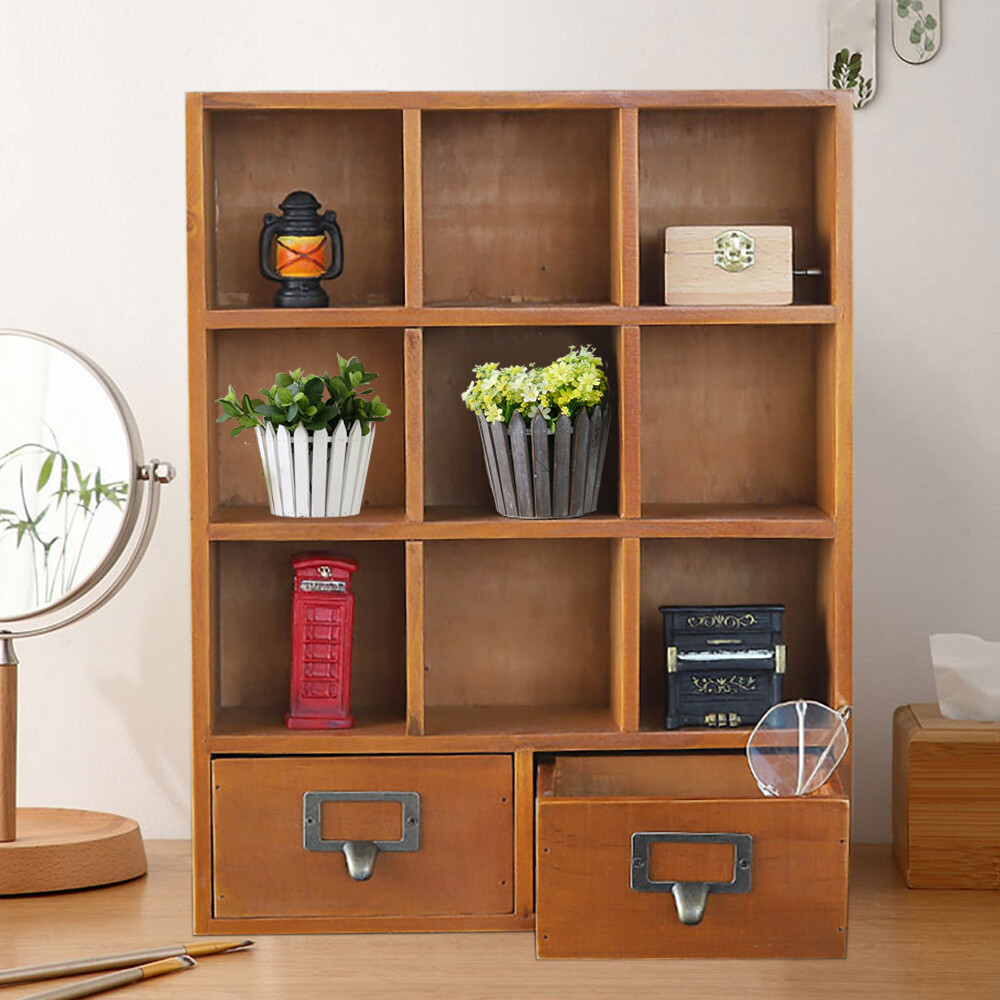 9-Cube Pine Storage Organizer with 2 Drawers - Cubby Shelf in Brown