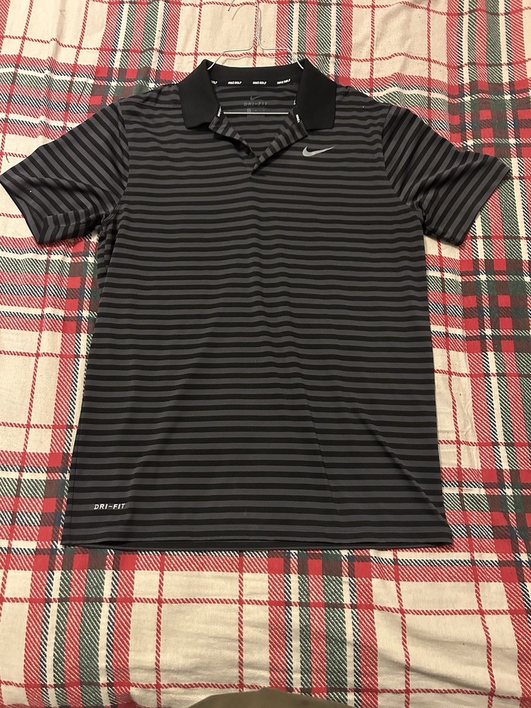 Nike Golf Polo Shirt Mens black and gray Stripe Dri-FIT Medium M