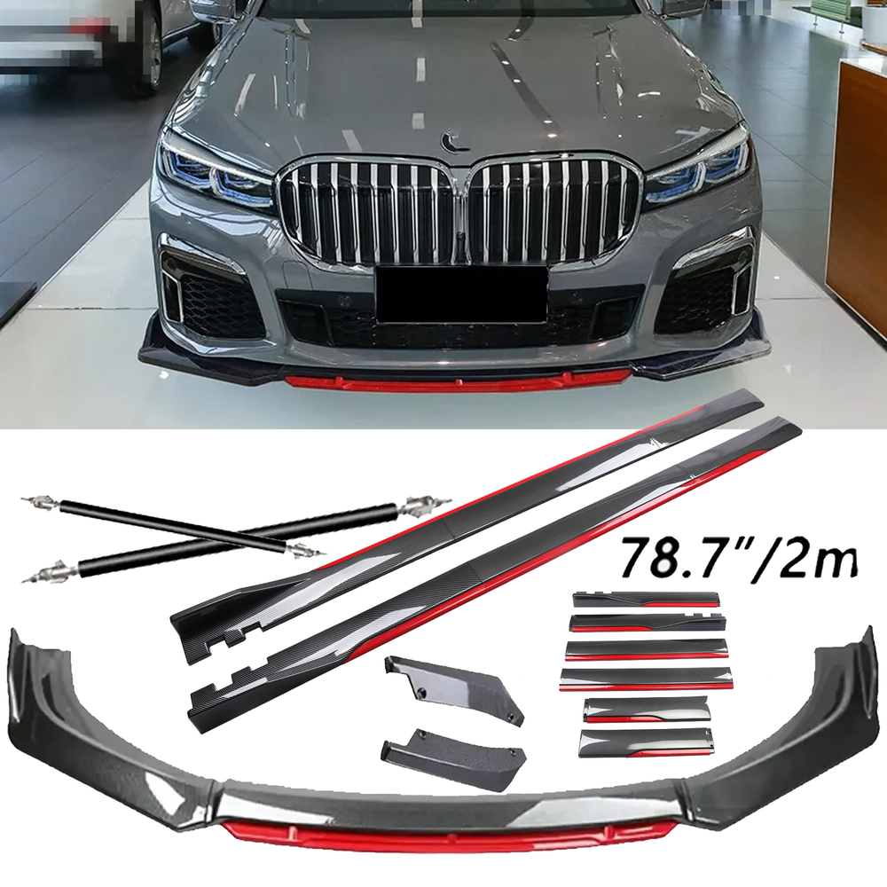 Carbon Fiber Look Red Front Lip Chin Bumper Side Skirt For BMW 740i 750i Series