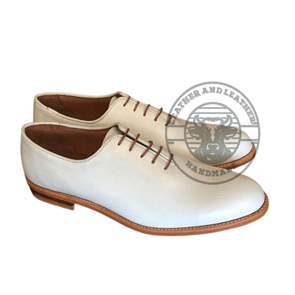 New Handmade White Genuine Cow Hide Leather Lace Up Dress Shoes For Men's