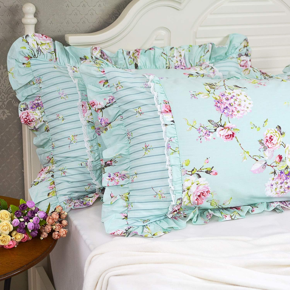 Elegant Blue-Green Striped Farmhouse Pillowcases with Rose and Hydrangea Design