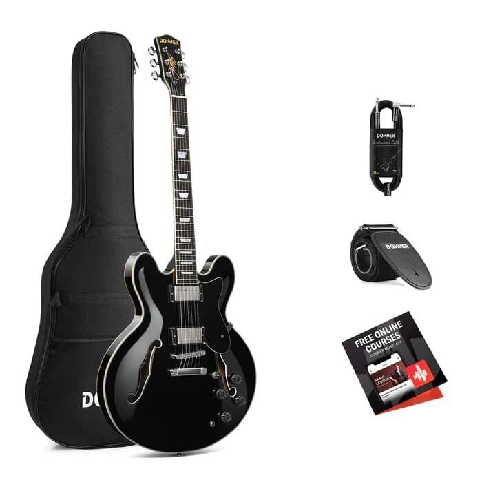 Semi-Acoustic Electric Guitar Black by Donner DJP-1000D