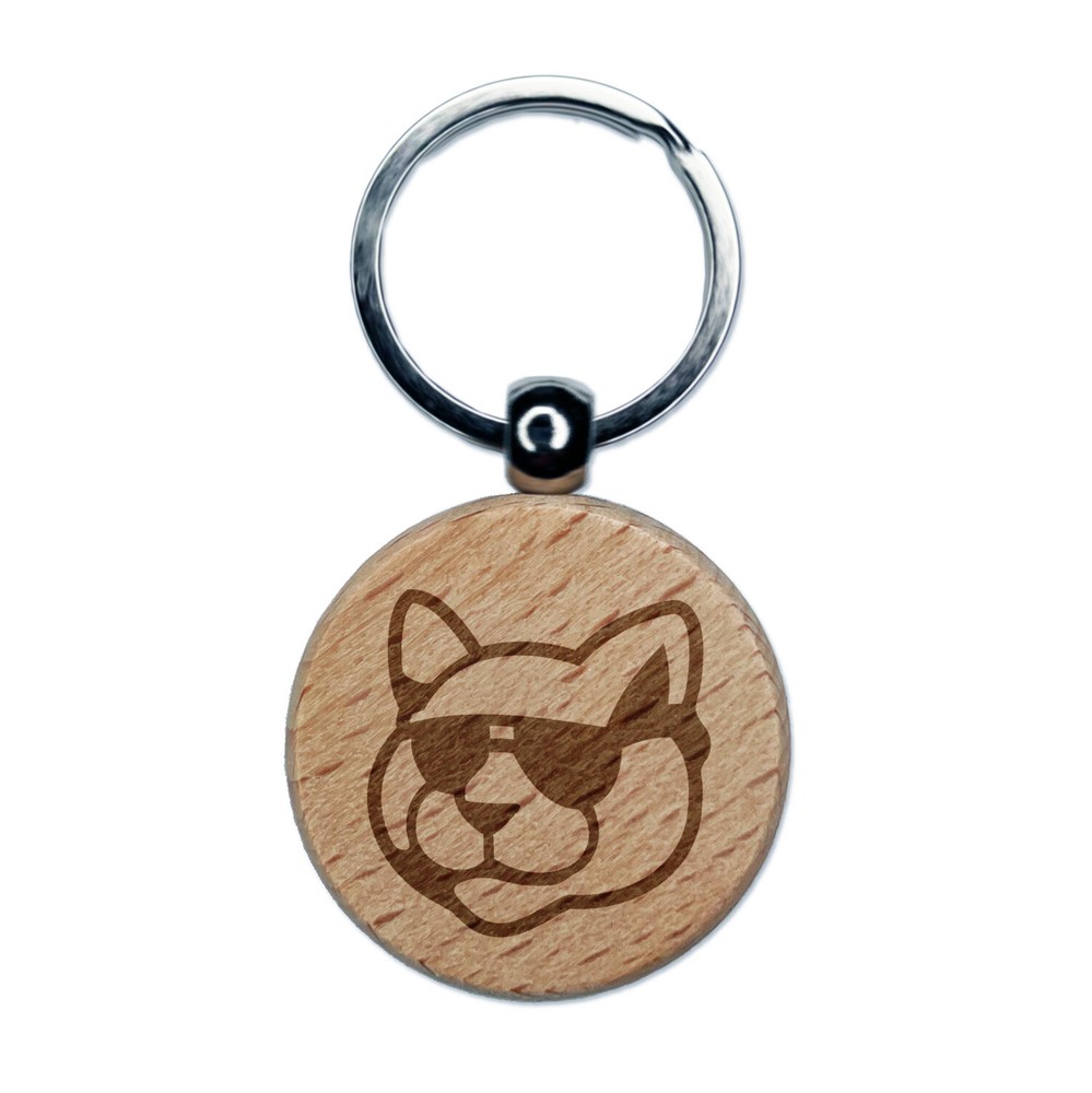 Cool Cat Sunglasses Engraved Wooden Keychain Charm Tag