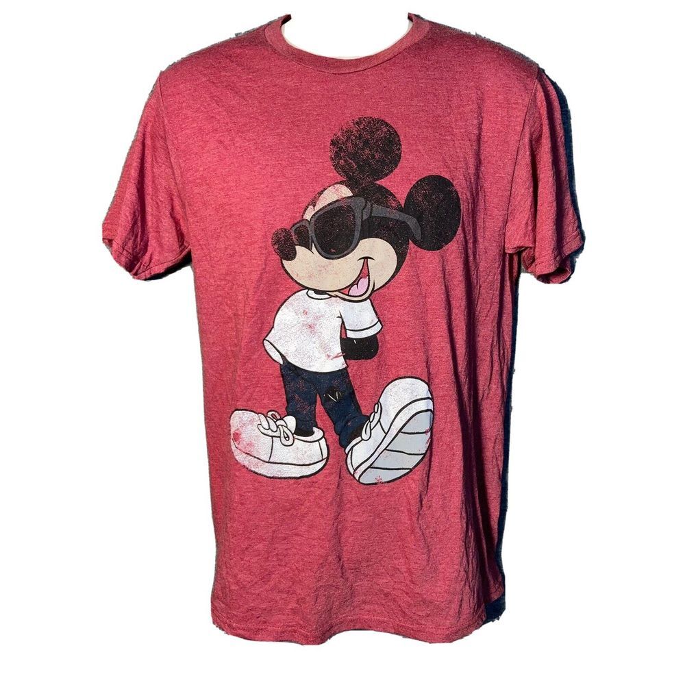 Disney Mickey Mouse Distressed Graphic Red Crewneck Sunglasses Sweatshirt