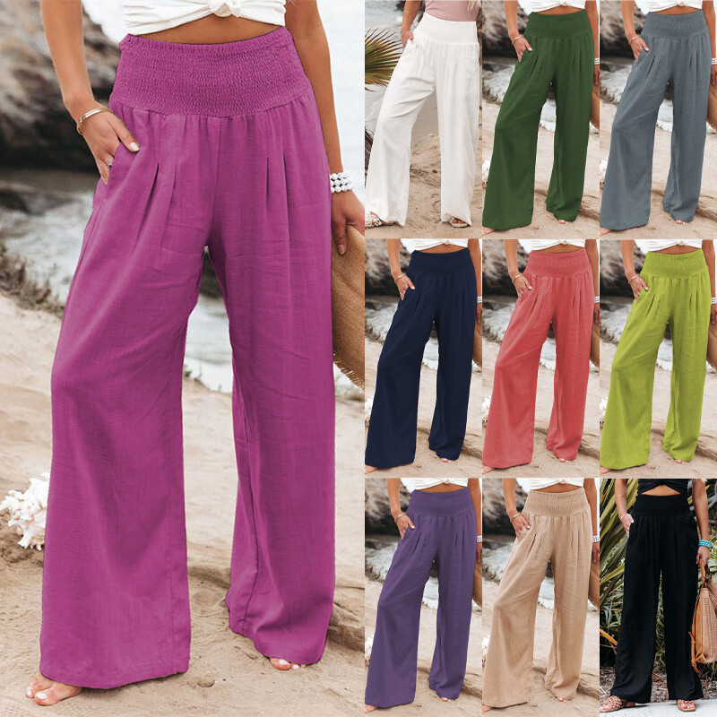 S~3XL High Rise Smocked Elastic Waistband Pull On Wide Leg Lounge Pants