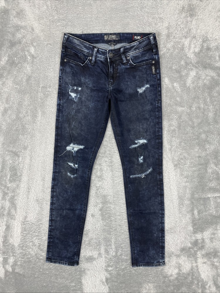 Silver Jeans Womens W29/L31* Dark Blue Tuesday Mid Skinny Fluid Denim Distressed