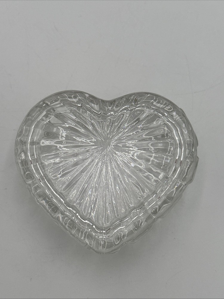 Vintage Cut Glass Heart Shaped Trinket Box Jewelry Dish with Lid Scalloped Edge