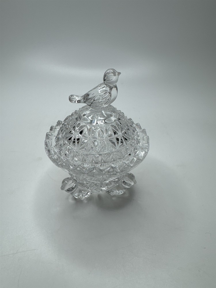 Vintage Byrdes Birds Crystal Trinket Box Round Footed Bavarian Collectible