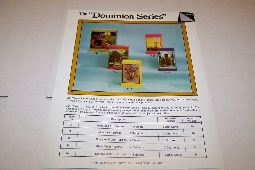 Vintage WARREN PAPER PRODUCTS - DOMINION PUZZLES ad sheet #0227