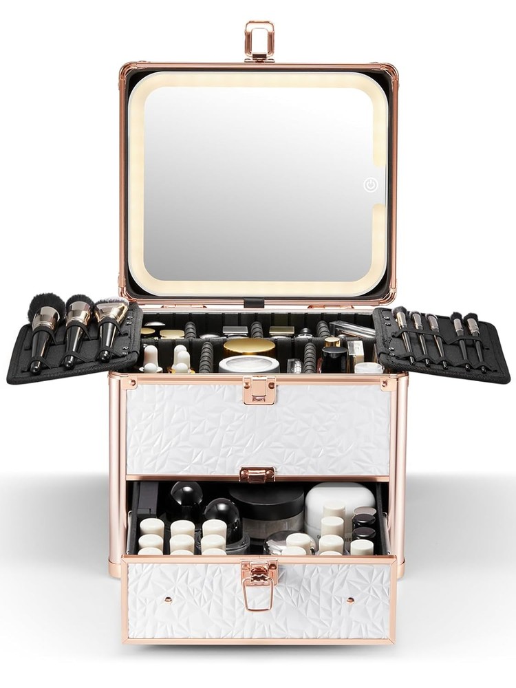 Qislee Makeup Box with Drawer and A Detachable Lighted Mirror, Bright White