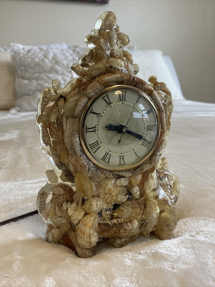 Vtg MCM Lanshire Vomit Mantel Clock Seashells Resin Works READ Beach Decor Retro