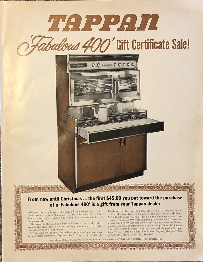 1963 Tappan Fabulous 400 Reach-In Oven PRINT AD Gift Certificate Sale VTG 1960s