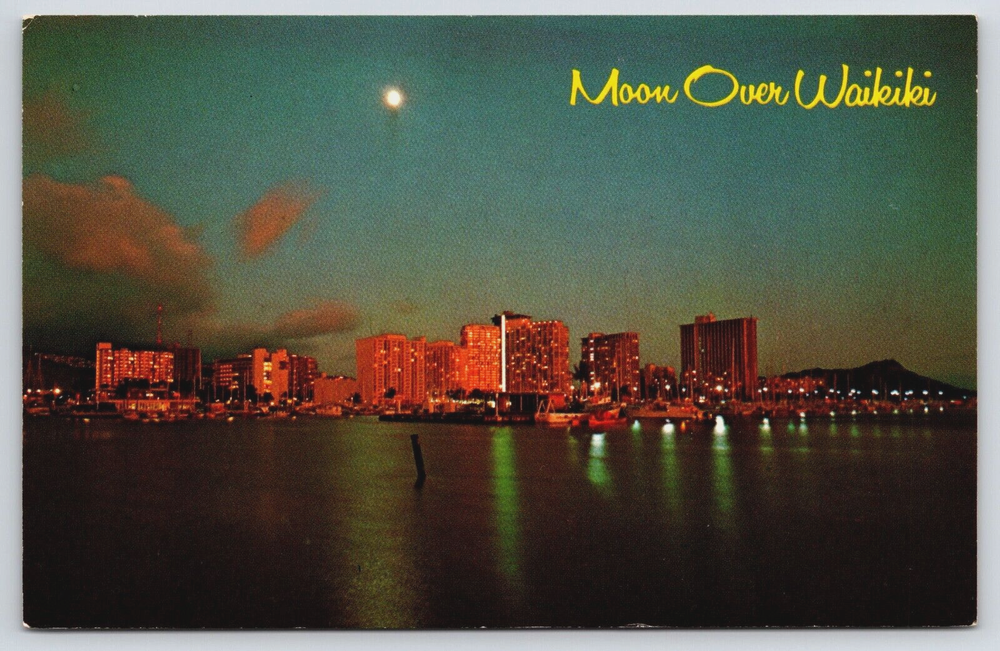Moon Over Waikiki Hawaii HI City Skyline Night View Diamond Head Postcard D12