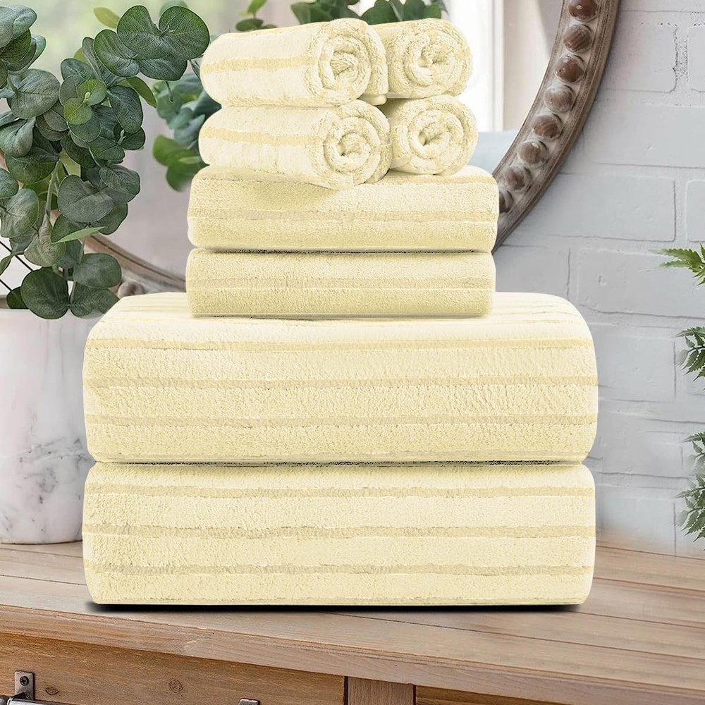 8-Piece Light Yellow Cabana Stripe Bath Towel Set - Oversized Bath Sheets & Hand Towels