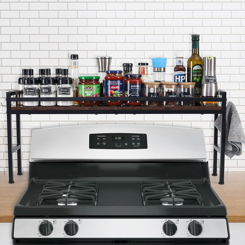 Spice Rack Shelf Kitchen Stove，Stove Top Shelf W/ 4 hooks Extra Storage
