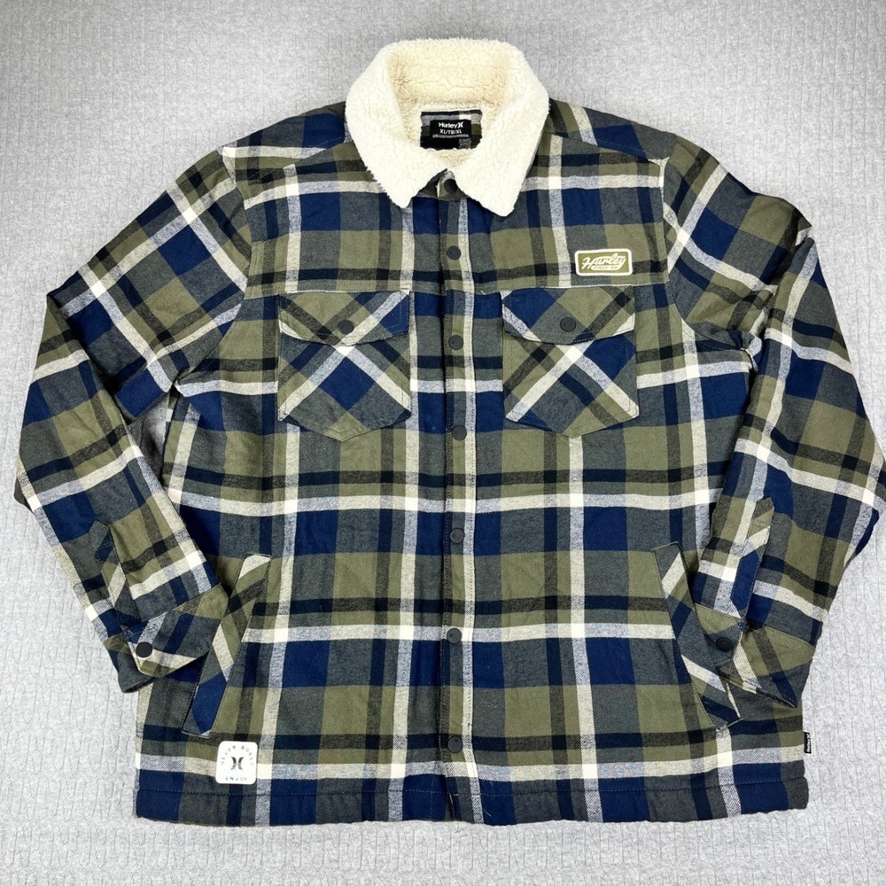 Hurley Mens Sherpa Lined Flannel Shirt Jacket XL Green Blue Plaid Snap Front