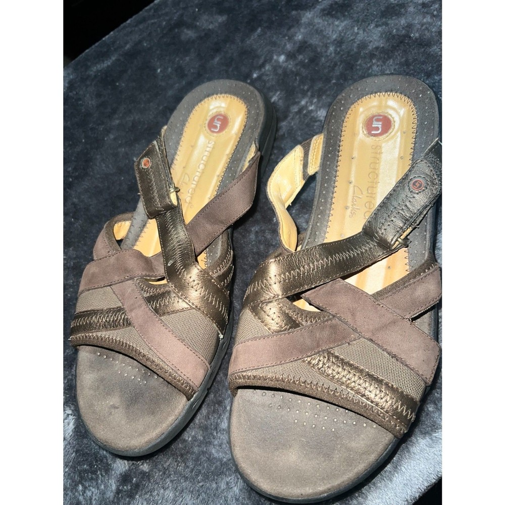 Clarks Womens 8W Brown Leather Comfort Sandals with Casual Heel Pad