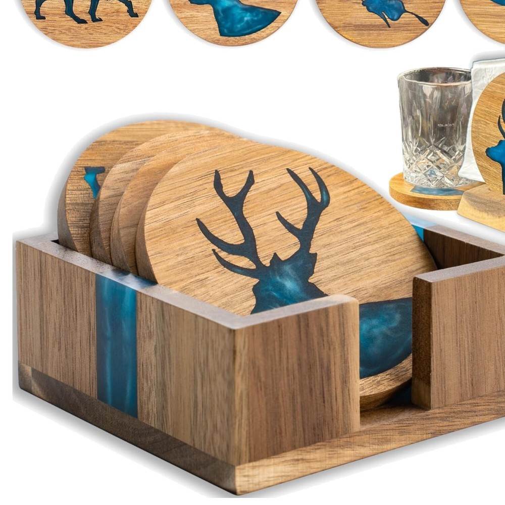 Stylish Acacia Wood Coaster Set with Resin Animals - Perfect Gift for Home Decor