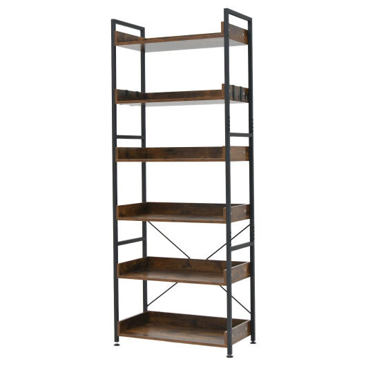 6-Tier Tall Industrial Bookcase with Open Shelves and 4 Hooks-Brown - Color: Bro