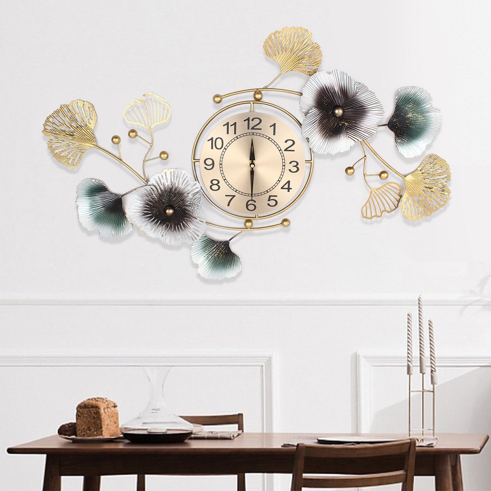 Ginkgo Leaf Metal Wall Clock Silent Large Bedroom Home Decor