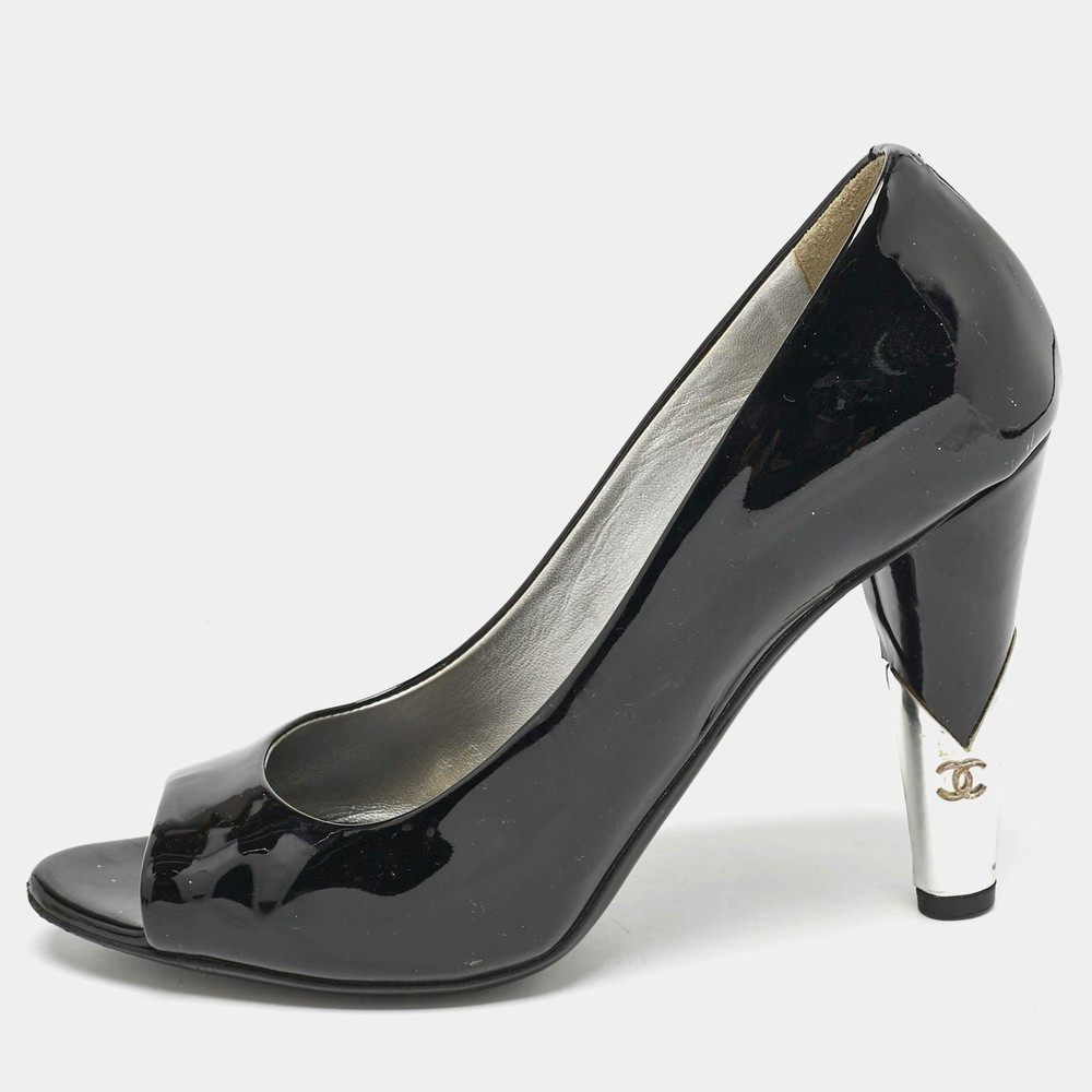 Chanel Black Patent Leather CC Pearl Embellished Peep Toe Pumps Size 385