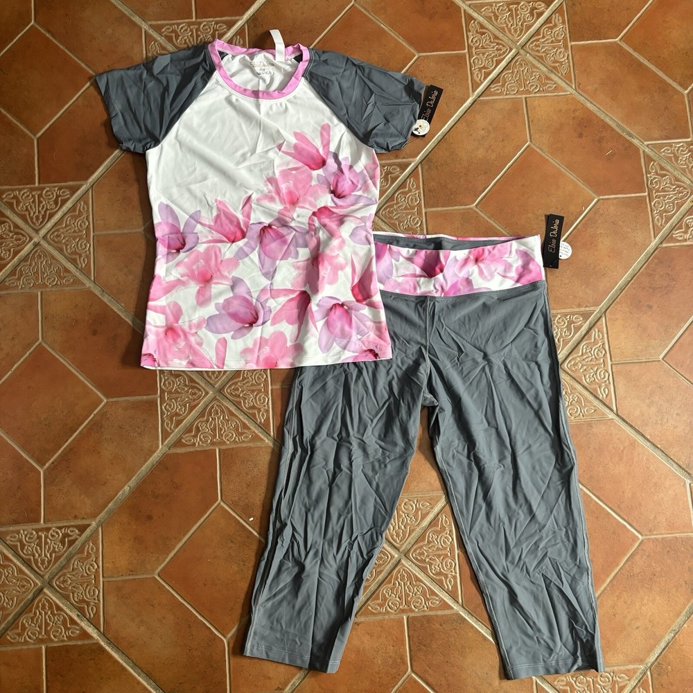 エロイーズ デジョリア グレー ピンク フローラルレギンスとトップワークアウトセット レディース サイズ L
