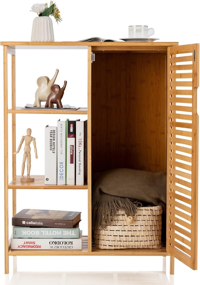 Bamboo Bathroom Storage Cabinet with Doors and Shelves  