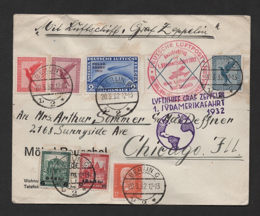 GERMANY TO US 1932 MULTI-FRANKED GRAF ZEPPELIN COVER WITH SCOTT #C38, B42-B43