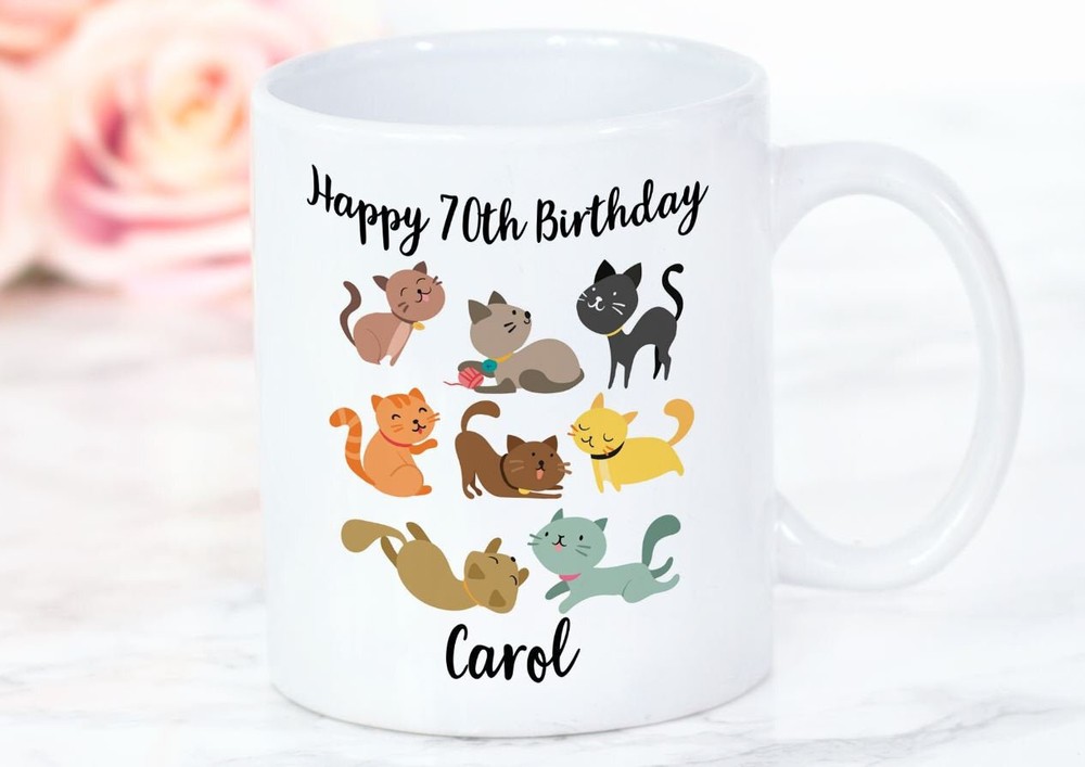 Happy 70th Birthday Personalised Cat Mug Cat Lover Cat Owner Cat Gift Animal Mug