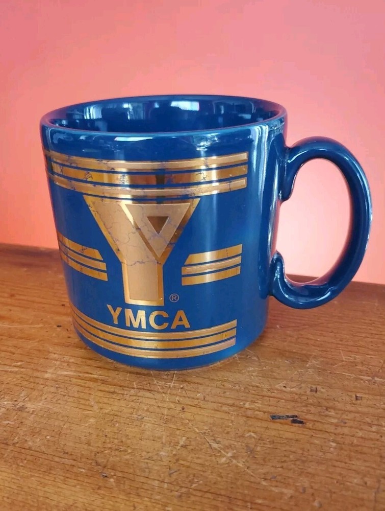 Vintage Blue Gold YMCA England Coffee Tea Mug Cup Rare Collectible