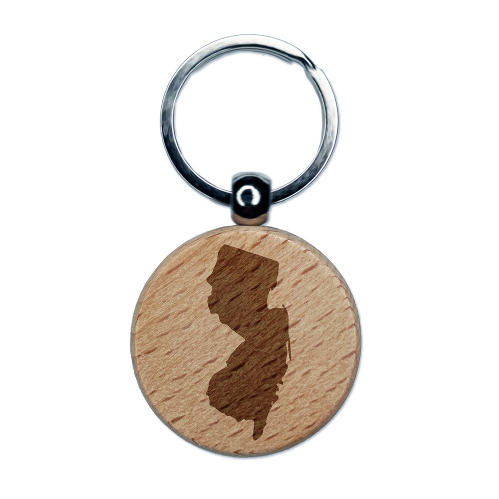 New Jersey State Silhouette Engraved Wood Round Keychain Tag Charm
