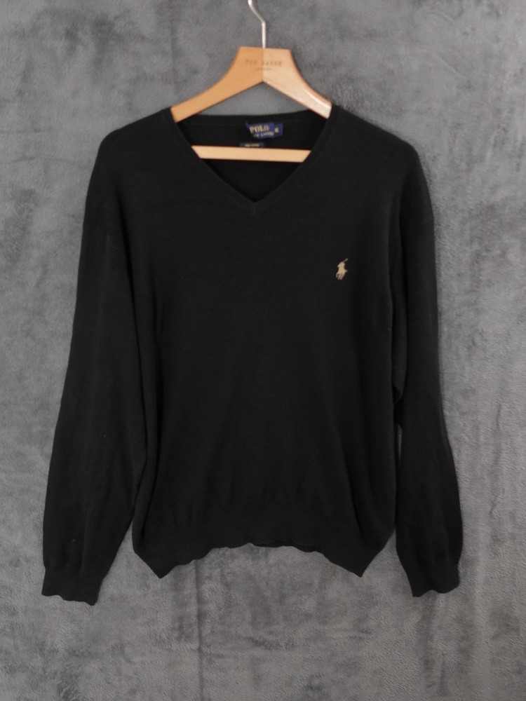 Ralph Lauren Jumper Mens XL Black Pima Cotton Knit V Neck Golf Sweater Pullover