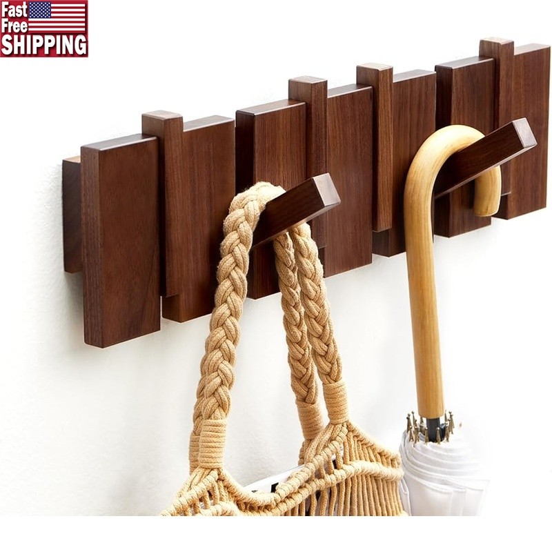 Wall Mounted Coat Rack Solid Walnut Piano Keys Design 6 Hooks Space Saving New