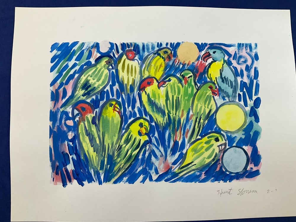 H SLONEM - painting drawing 11.8 x 15.7 in  on old paper signed stamped