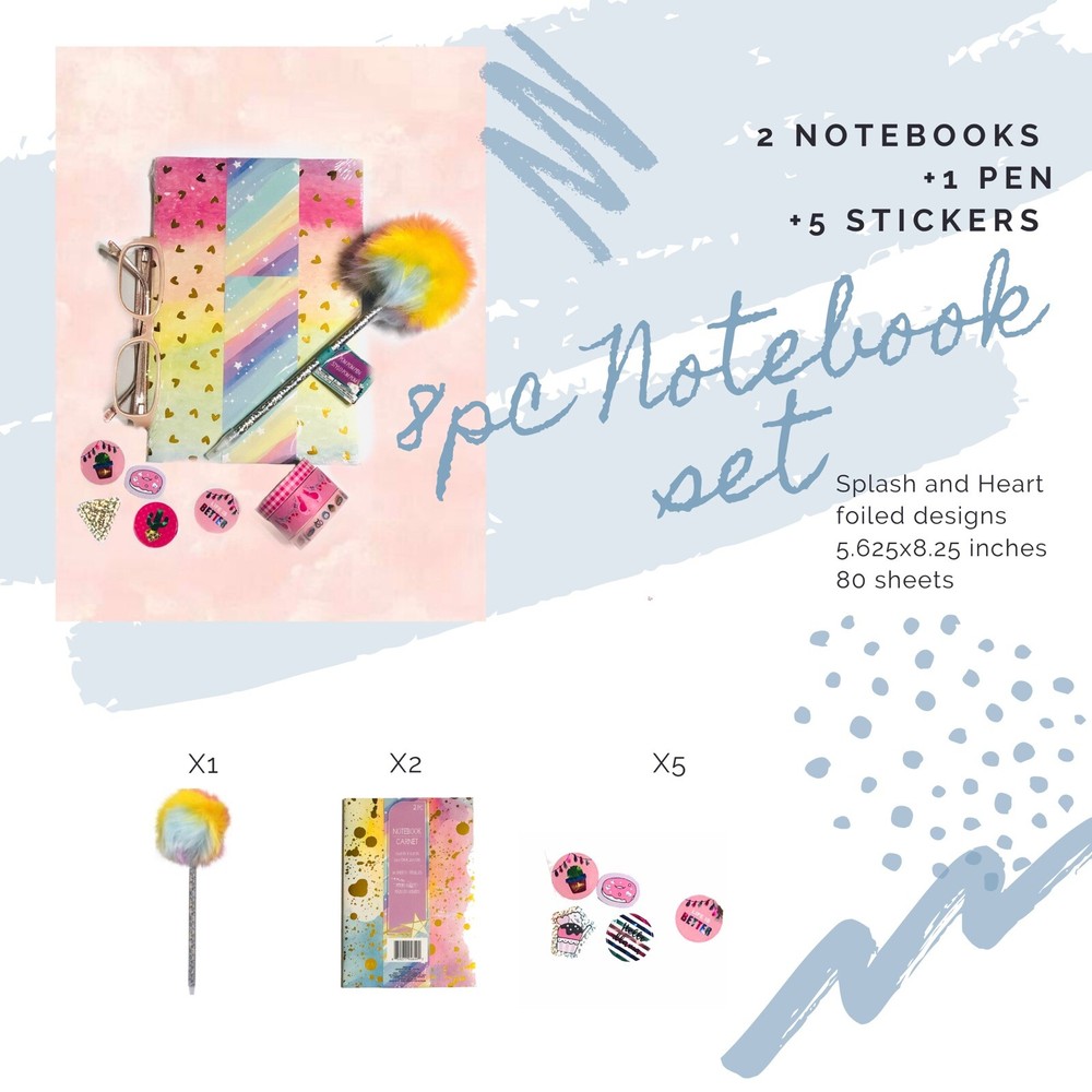 Back To School 8PC Pastel Rainbow Notebook Pen Stickers Set-image
