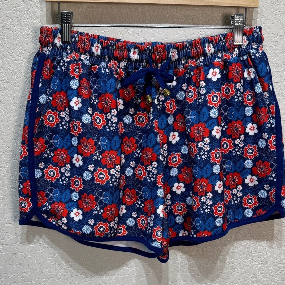 Jess Lea Women XL Red Blue Floral Drawstring Elastic Waist Everyday Short NWT
